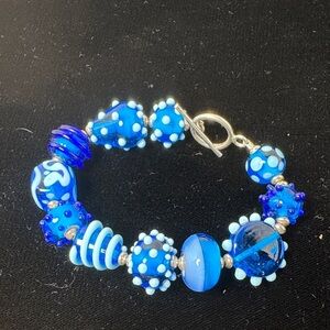 Handcrafted Blue White Glass Beaded Bracelet with Silver Toggle Clasp